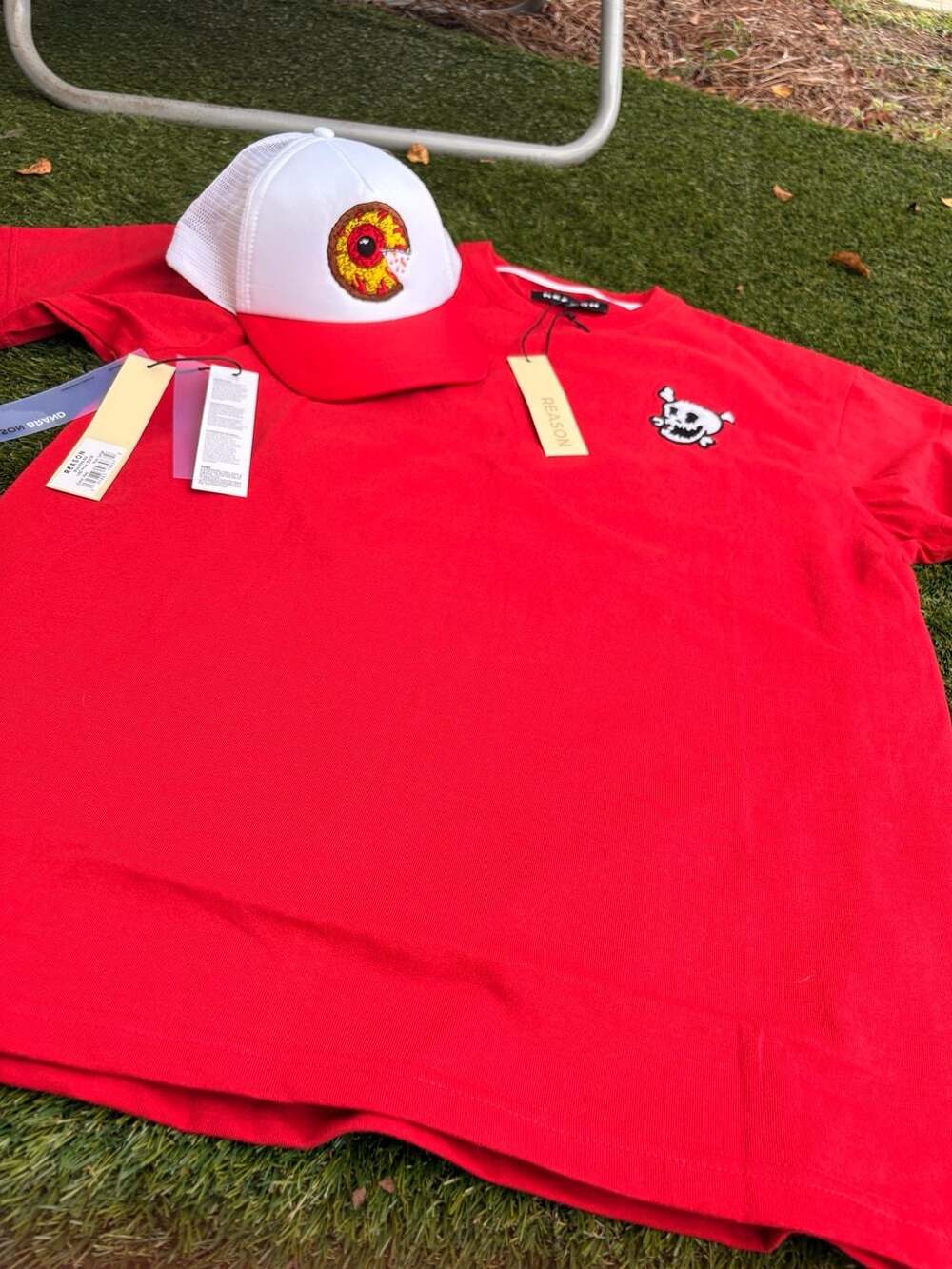 REASON Red T-Shirt and White Red Trucker Hat Set